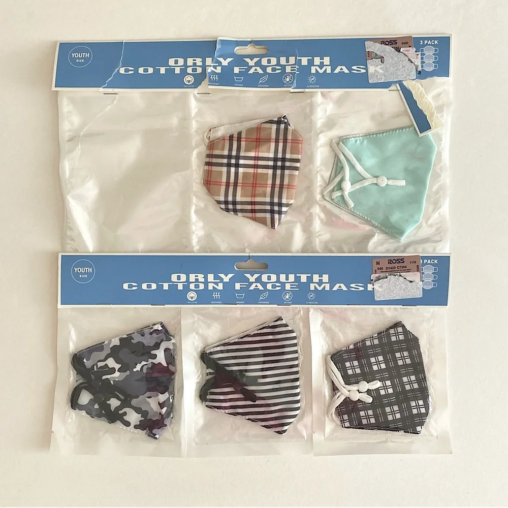 NWT Orly Youth Cotton Face Masks Multicolor Printed 3 Pack + 2 Pack Face Covers